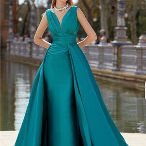 Manu García Teal Pleaded Bodice Mikado Dress with Overskirt